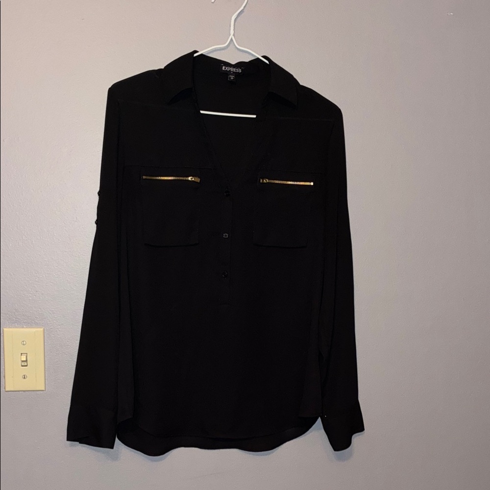 Express Black Blouse with Gold Zipper Details